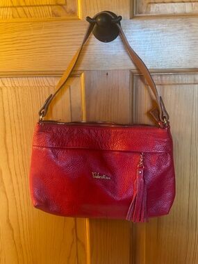 Valentina Red Leather Shoulder Bag with Tassel Accent and Tan Strap